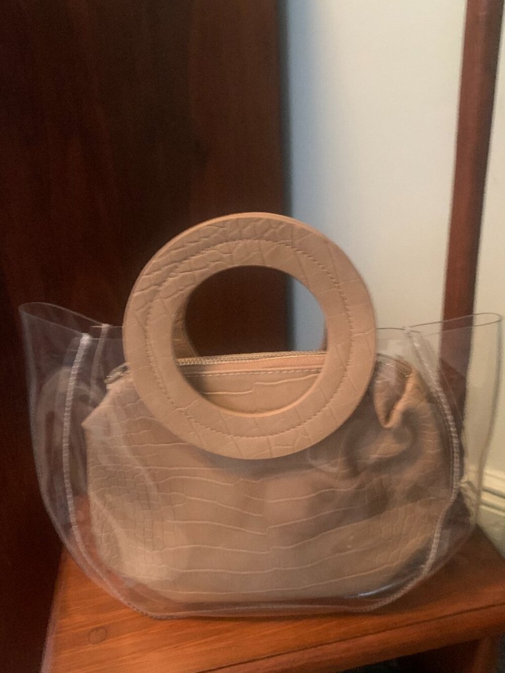 Clear PVC Tote Bag with Beige Faux Croc Pouch & Round Ring Handles